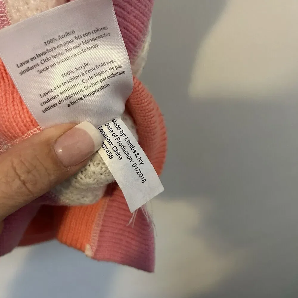Lambs & Ivy Baby Blanket Cream With Satin Trim Pink And Orange Waffle Knit 47x37